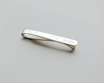 Wedding Tie Clip For Groom,Personalized Initials and Date Tie Clip,Custom Silver Engraved Tie Bar Clip, Skinny Tie Clip, Groomsmen Gift