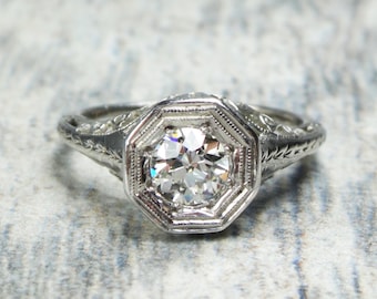 Antique Diamond Ring Antique Diamond Filigree Ring Old European Cut Diamond Engagement Ring 14k Gold Circa 1930 .60 Carat Solitaire Ring