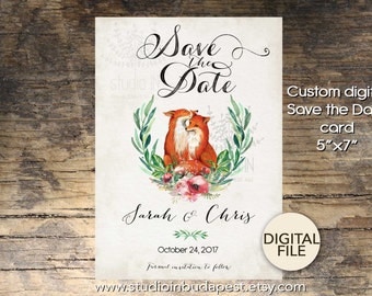 Save The Date Card, Printable Save the date card, Fox wedding card, woodland save the date card, fox card, DIY wedding card,