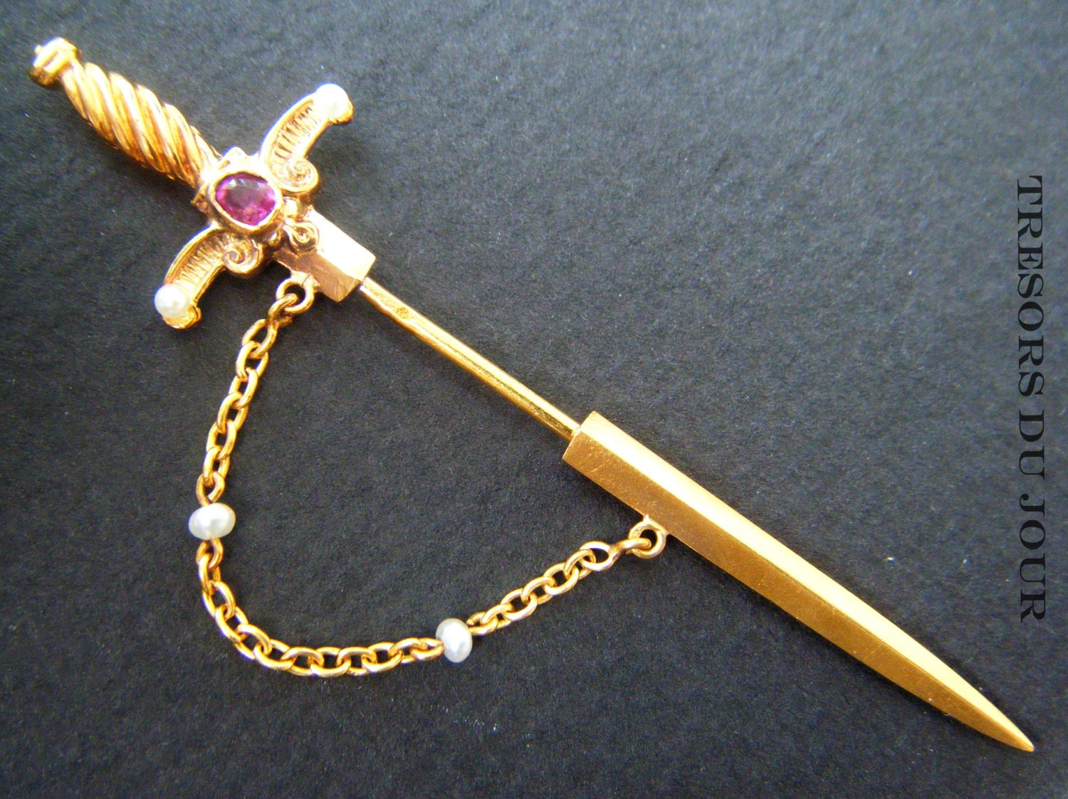 Antique Stick Pin VICTORIAN SWORD Sheath Jabot Brooch Pin Gold