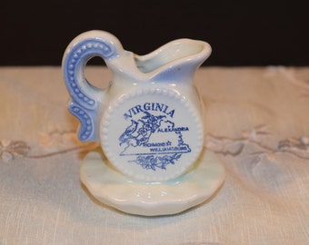 Miniature Virginia Souvenir Pitcher Vintage Porcelain Virginia Blue White Figurine Dixie Japan State Memento Mini Collectible Pitcher