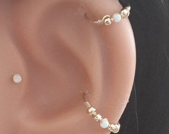 White Opal 2mm Helix Earring- Gold Beaded Cartilage Hoop - Silver Helix Piercing - October's Birthstone- 20-24 Gauge - 6-12mm Inner Diameter