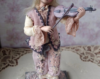 OOAK Art doll, handmade violinist doll, musician, shabby chic decor, decorative posable doll, sculpture, violin, lacy, tracery - 9 inch