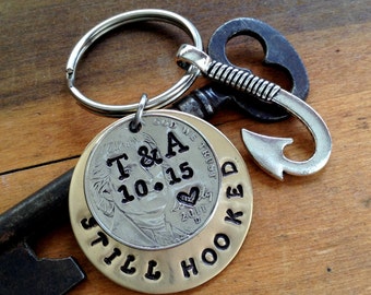 Couples Hooked On You Keychain / 5 Year Anniversary Gift For Men / Dating Wedding /Hand Stamped 2012 Nickel / Custom / Gift for Her