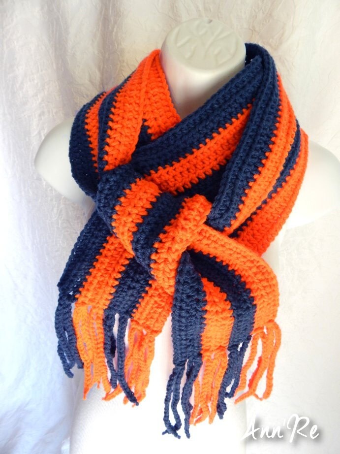 Orange and Navy Blue Scarf with Fringe Striped Scarf Team