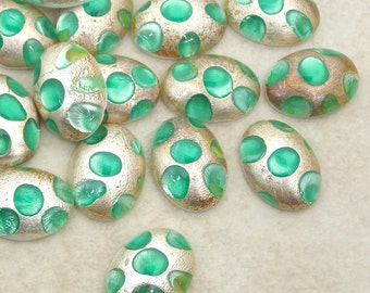4 - SIlver Foil and Metallic Green Cabochons 18mm x 13mm
