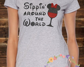 Sipping Around the World Minnie Mickey Mouse Wine Glass Women's V-Neck T-Shirt, Disney's Epcot Food and Wine Festival, Disney Sparkle Shirt