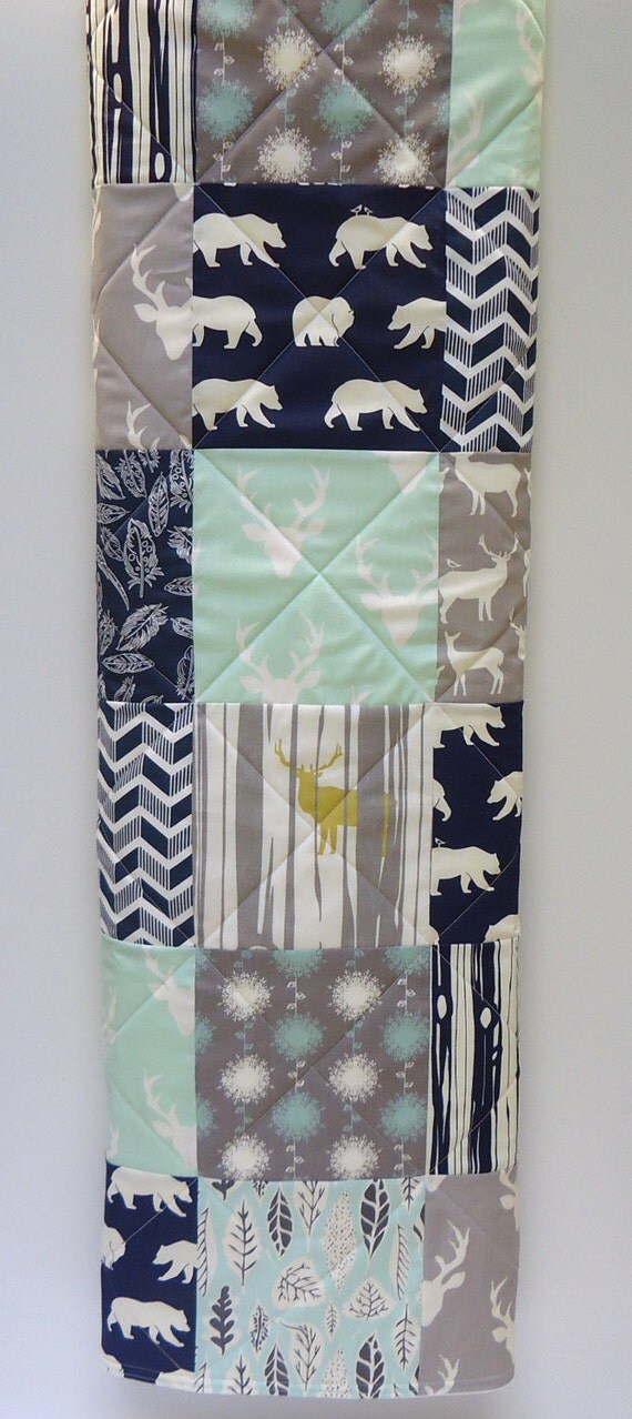 Baby Boy Quilt Modern Mint and Navy Blue with Gray Woodland