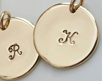 Gold Initial Necklace, Initial Pendant, Stamped Disc, Charmed Necklace, Personalized Monogram, Handmade Disc, Tag Charm