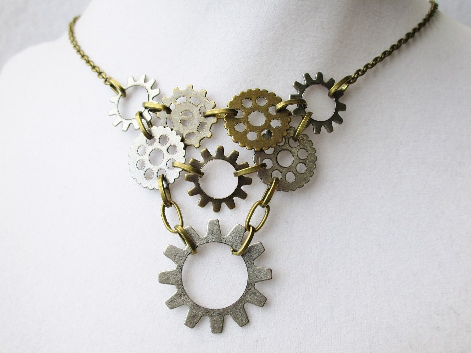 Steampunk Bronze & Gunmetal Connected Gear Necklace Mixed