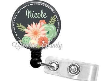 Personalized Retractable Badge Holder, Flowers Forever2, Choice of Badge Reel, Carabiner, Lanyard or Stethoscope ID Tag