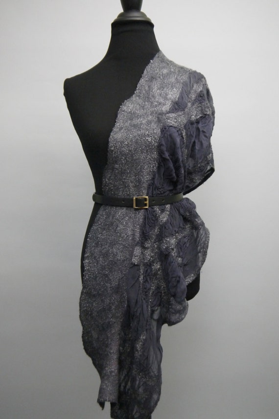 Nuno Felted Scarf - Wool and Silk Chiffon Scarf - Wet Felted Scarf - Silver Gray Silk Scarf - Ladies Evening Wrap