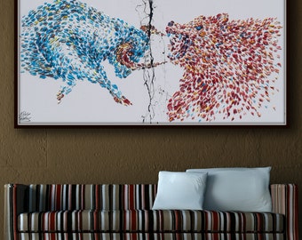 Painting 60" Wallstreet Stock Exchange Bull vs. Bear , original oil painting on canvas, Animals, for office painting, By Koby Feldmos