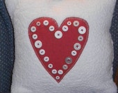 Pillow with Red Wool Appliqued Heart Surrounded by Buttons