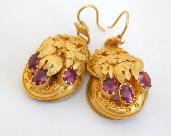 victorian antique earrings in 18ct gold and amethyst - etruscan jewelry