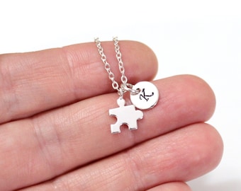 Silver Puzzle Piece Necklace, Gold Jigsaw Puzzle Piece Charm, Initial Necklace, Personalized Stamped Initial, Necklace, Graduation Gift