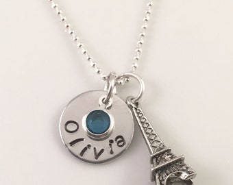 Personalized Paris Necklace, name necklace, personalized jewelry, Eiffel tower necklace, French charms, perfume bottle charm, gift for her