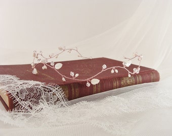 Rose Gold Headband, Rose Gold Bridal Hair Vine Tiara, Delicate Bridal Headpiece, Rose Gold Wedding Hair Accessories, Crystal Pearl Hair Vine