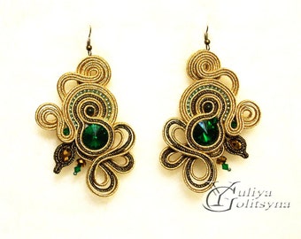 Large Soutache Earrings gold tone Statement earrings Summer jewelry Elegant earrings Green crystal jewelry Gold tone soutache