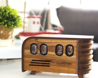 BEST SELLING Vintage Nixie Tube Clock - Art Deco design with Nixie tubes made in the Cold War Era - Wooden enclosure handcrafted by Nuvitron