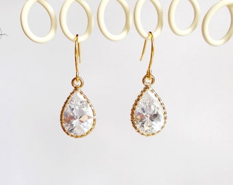 Tiny Gold Crystal Earrings - Small Teardrop Dangle Earrings - Simple Dainty Minimal Wedding, Bridesmaids, Maid of Honour Jewellery Gift