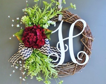 Burgundy Hydrangea Wreath. Burlap Wreath. Year Round Wreath. Spring Wreath. Summer Wreath. Monogram Wreath. Door Wreath