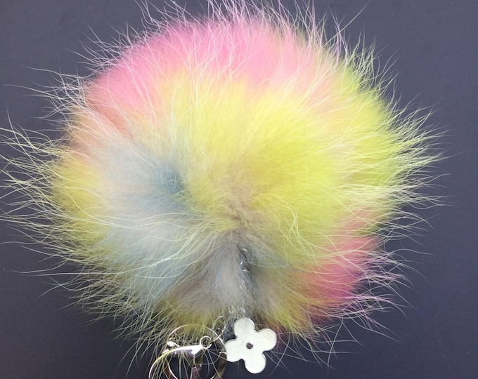 NEW Collection Dimensional Swirl™ Multi Color Raccoon Fur Pom Pom bag charm clover flower charm keychain piece no.291