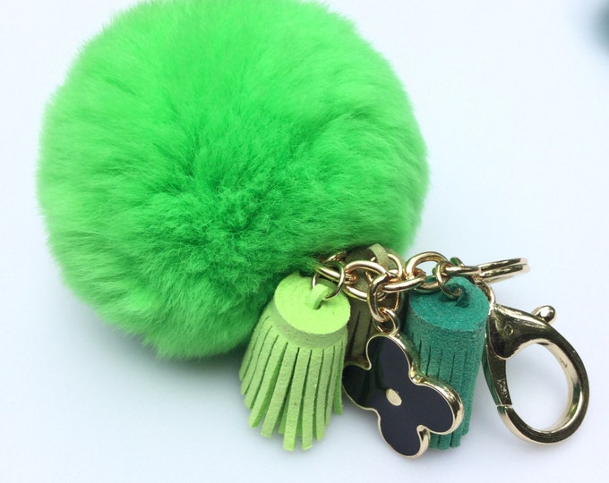 Neon Green Rex Rabbit Fur Pompon bag charm pendant Fur Pom Pom keychain with flower charm and tassels