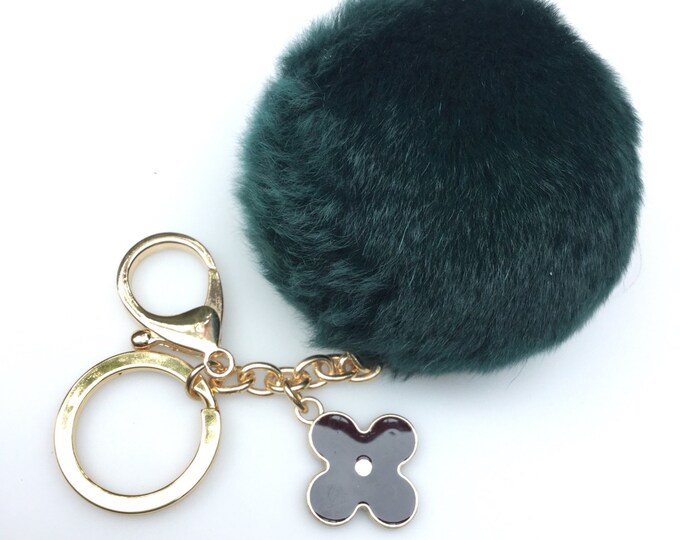 Emerald fur pom pom keychain REX Rabbit fur pom pom ball with flower bag charm