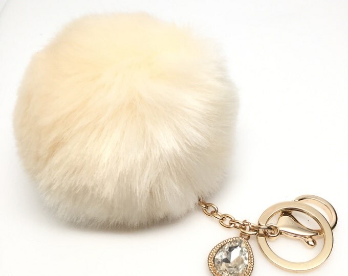NEW! Faux Rabbit Fur Pom Pom bag Keyring keychain artificial fur puff ball in Beige Crystals Collection