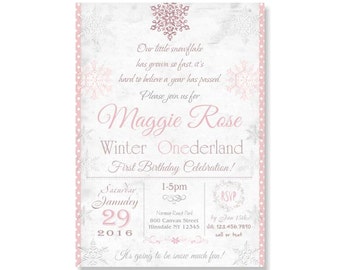 Winter Onederland Invitations, Snowflake Birthday, Sparkle Girl's First 1st Party Invite. DiY Printable or Printed with FREE SHIPPING 297