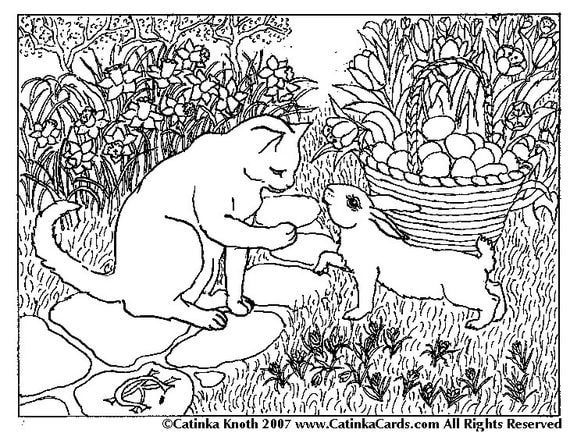  Bunny  Cat  greet spring egg basket coloring  page  flowers