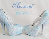 Mermaid Chunky Glitter Custom Personalized Womens Handmade Glitter Shoe High Heel Stiletto Thin Size 3 4 5 6 7 8 Platform Party Christmas UK