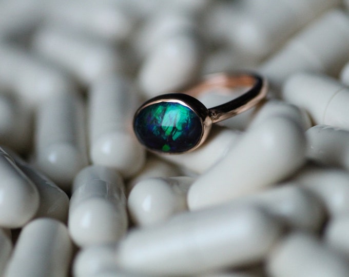 natural black opal ring - black stone ring - gold ring - silver ring - laboratory opal ring - delicate ring - vintage ring - gift