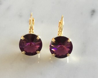 Swarovski Amethyst Earrings, Amethyst Crystal Earrings, Amethyst Crystal Gold Earrings, February Birthstone Earrings