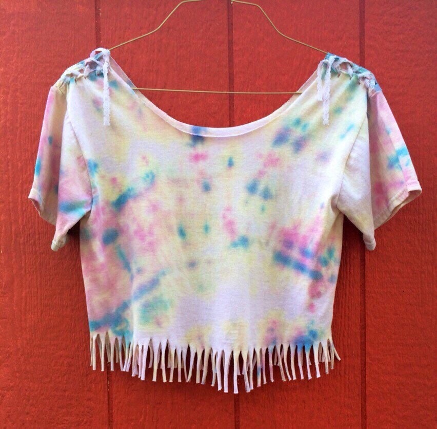 Vintage Pastel Tie Dye Fringed Crop Top With Shoulder Lacing