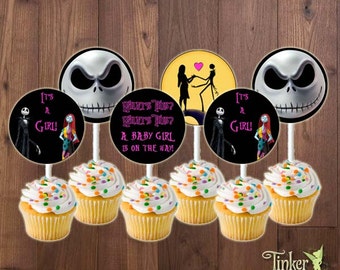 The Nightmare Before Christmas Baby Shower Party Cupcake Toppers - Baby Girl - Digital File -Printable- Jack Skellington It's a Girl Cupcake