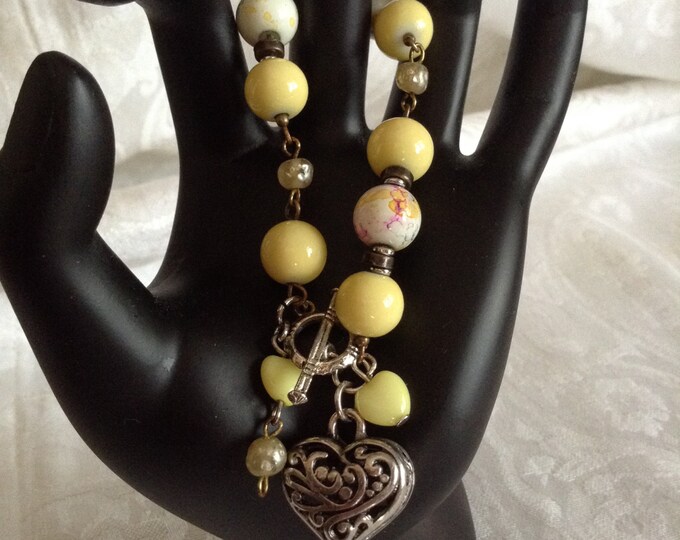 Yellow & Floral Glass Bead Heart Bracelet...Toggle Bracelet