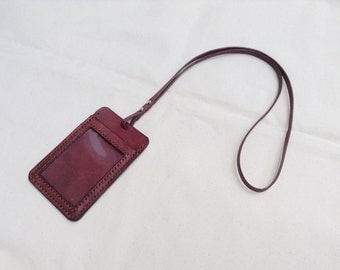 Leather ID Card Holders with Lanyard / Vertical Leather Badge Cover / Leather Card Case for Business