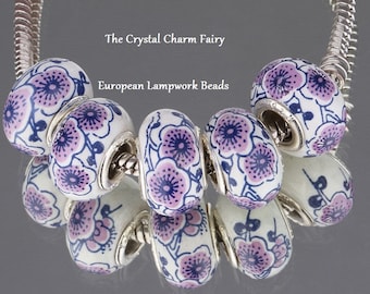 EXOTIC Purple FLOWERS On White PORCELAIN European Charm Bead / Big Hole / European / Pandora Charm Bracelets -Add to Your Collections