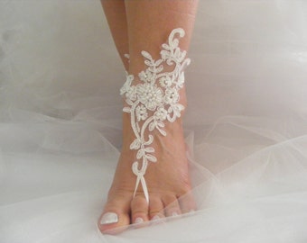 Beach Wedding Barefoot Sandals, Wedding Shoes, Ivory Lace Beaded Barefoot Sandals, Wedding Anklets, Wrist Sandals, Embroidered Sandals, Gift