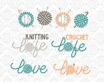 Knitting Knitter Crochet Crocheter Life Love Monogram Yarn Ball Craft SVG STUDIO Ai EPS Vector Instant Download Commercial Cricut Silhouette