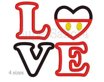 LOVE Mickey applique design, Love applique design, Mickey Mouse applique design
