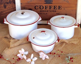Vintage 1950's White and Red Enamelware 3 Piece Set