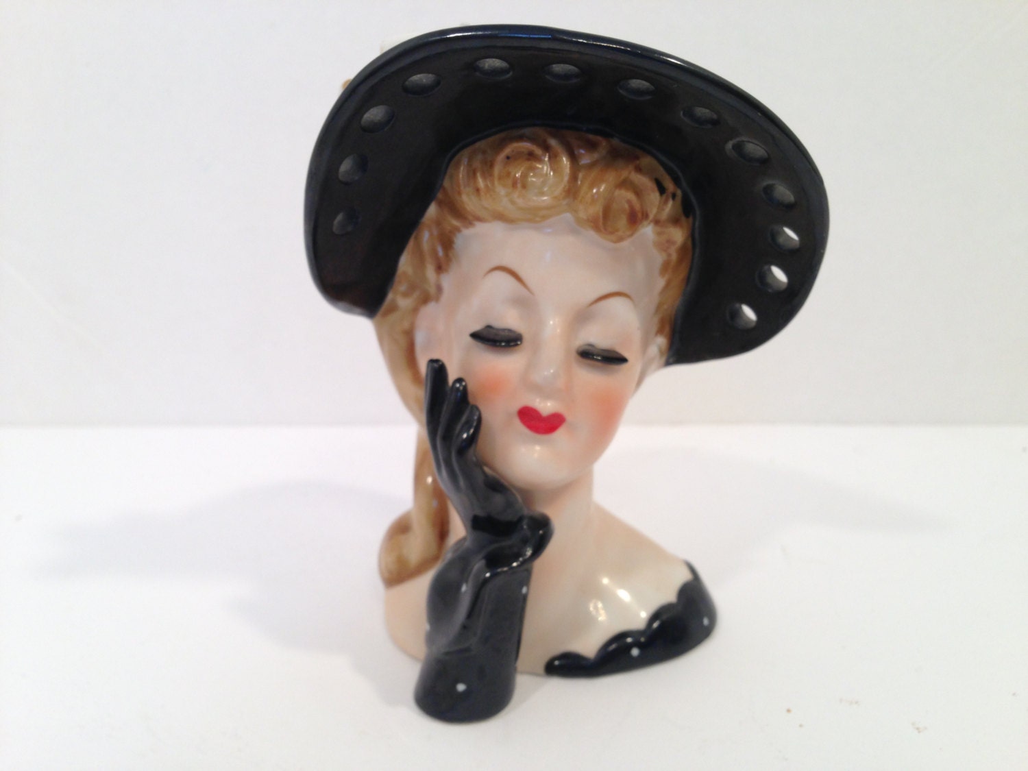 Vintage Ceramic.Porcelain Lady Head Vase/Planter With Black