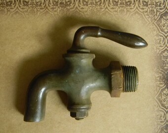 Sturdy Age Darkened Brass Antique Faucet Fixture - Brass Spigot - Brass Hose Bib - Antique Kitchen and Bath Hardware