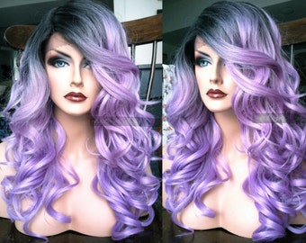 Pastel Lace Front Wig // Purple Wavy LACE Wig w/ Skin Part & Heat OK Ombre Lavender Dark Roots Cosplay // #AT31