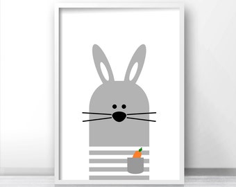 Bunny Nursery Wall Art Printable, Nursery Print, Gray Nursery Decor, Instant Download Art For Kids, Baby Animal Print, Nursery Art, Kids Art