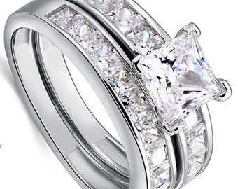 1 ct Engagement Ring Set, Simulated Diamond Ring, LOVE CHOSEN 1 Carat Sterling Silver Wedding Ring Set, Simulant, Bridal Rings, Promise Ring