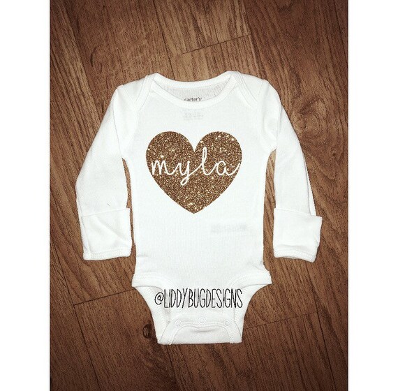 Personalized Glitter Heart Onesie // gold pink silver glitter